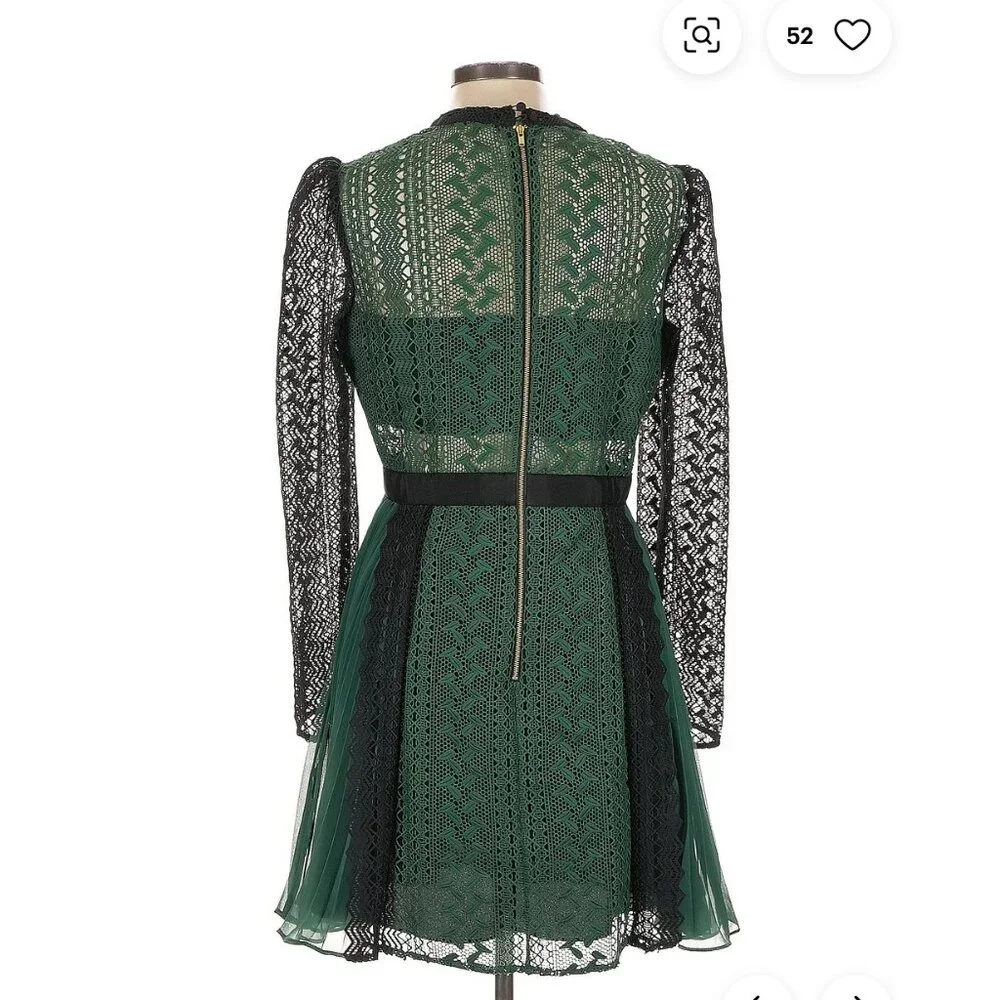 Self-Portrait Round Neck Zip Up Green And Black Lace Mini Dress - Size 2 - Picture 2 of 3